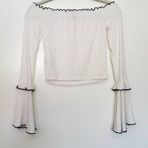 Forever 21 White Ribbed Off The Shoulder Bell Sleeve with Black Trim